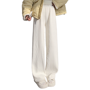 加绒提花纹阔腿裤女秋冬高腰显瘦垂感加厚宽松休闲直筒雪尼尔裤子