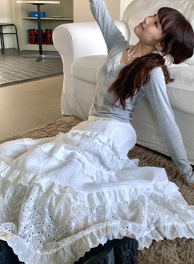 白色半身裙女春秋2025新款高腰中长款a字裙温柔风钩花蓬蓬蛋糕裙