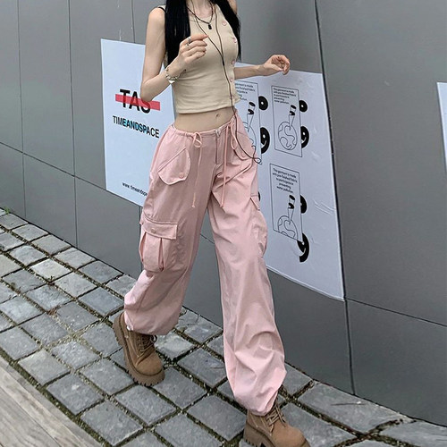 粉色工装裤夏季薄款高腰宽松