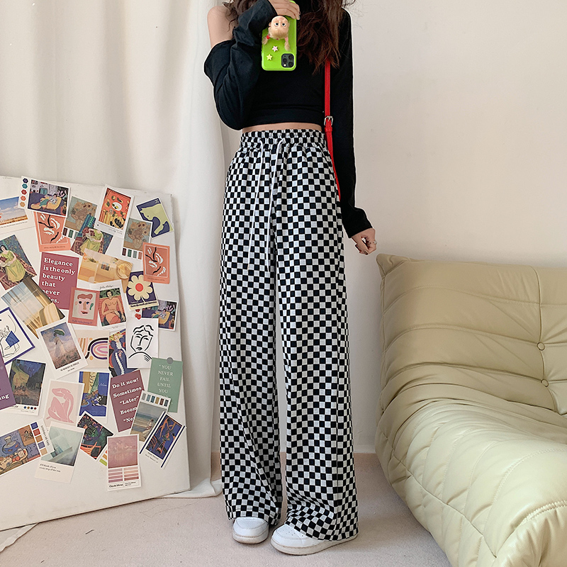 棋盘格阔腿裤女春秋冬季年新款高腰休闲拖地直筒黑白格子裤子