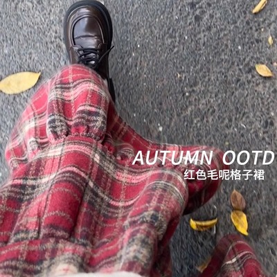 2024新款毛呢格子裙半身蛋糕裙