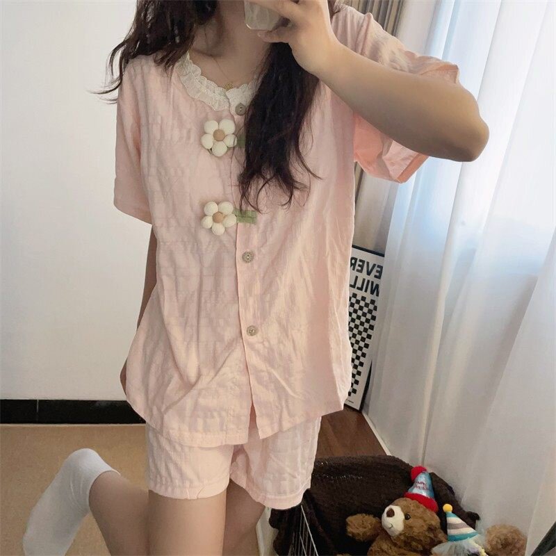 带胸垫甜美花边云朵棉家居服套装