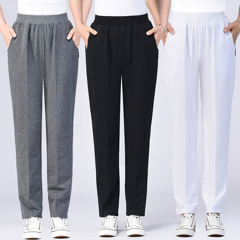 中老年运动裤女纯棉长裤春秋款宽松直筒妈妈装休闲裤高腰大码裤子