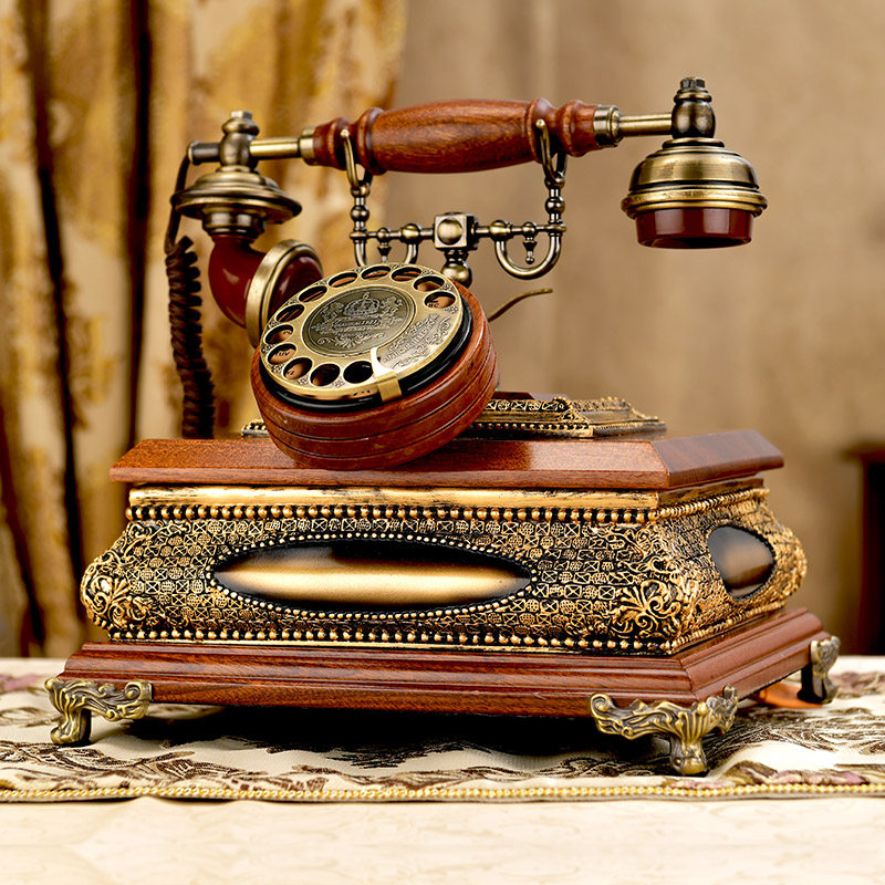 实木欧式复古转盘电话机美式家用固定办公座机老式无线插卡电话高