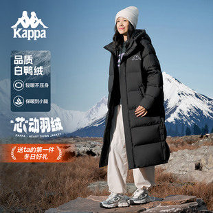 Kappa卡帕背靠背运动羽绒服女款2025新款冬季保暖黑色中长款外套