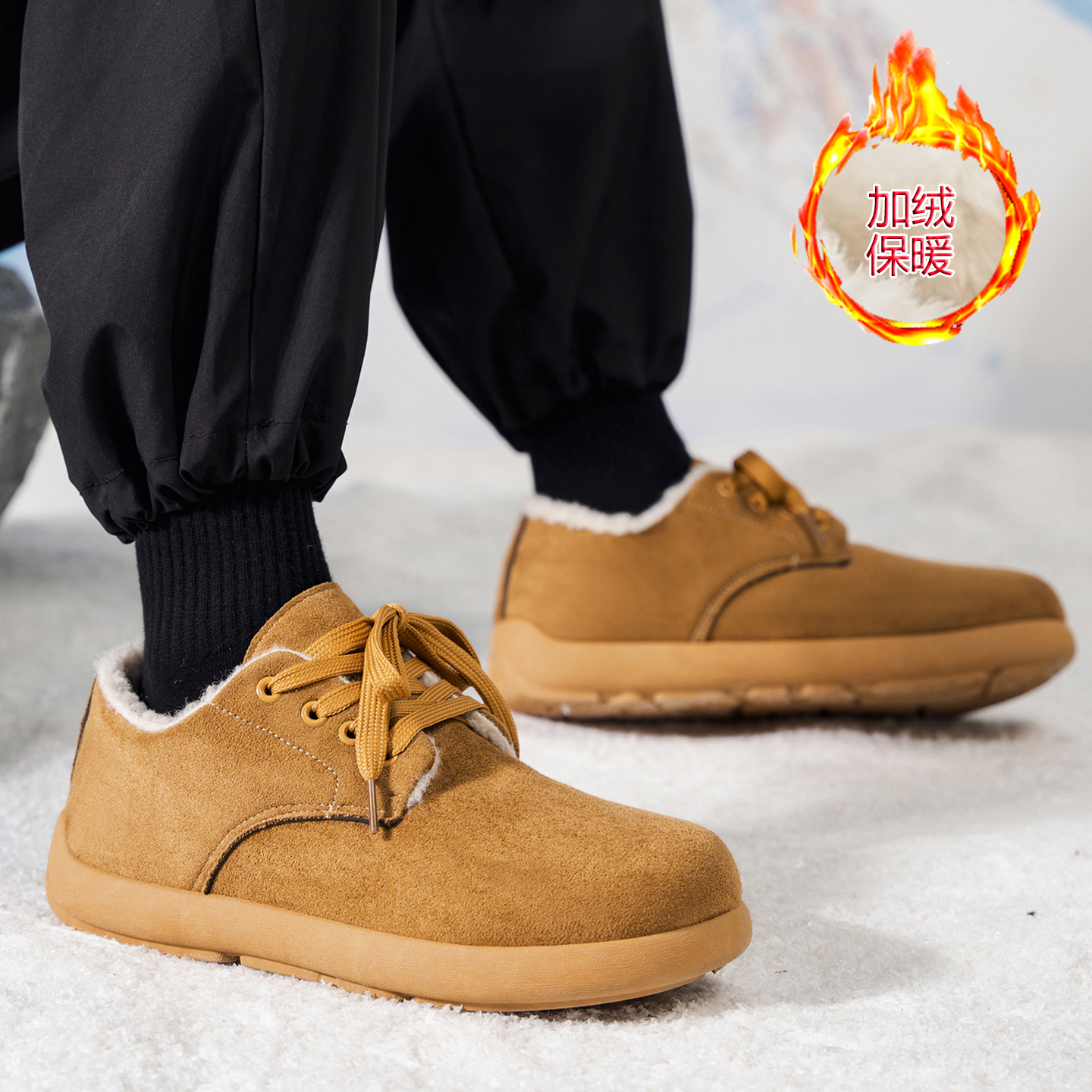 冬季男鞋新款低帮加绒保暖棉鞋男冬天百搭休闲皮鞋男士棕色开车鞋