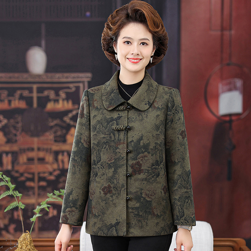 中老年妈妈装春秋季薄款外套上衣翻领女装宽松洋气婚宴新中式盘扣