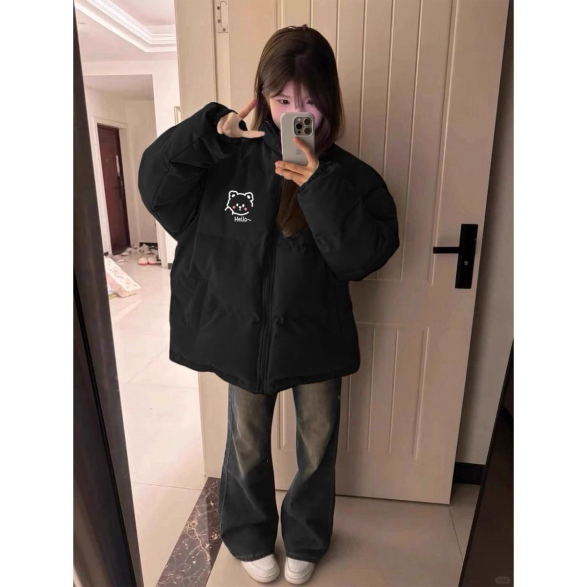黑色立领轻薄羽绒棉服2026冬季女款学生可爱小熊加厚面包服外套潮