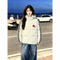 苹果印花三条杠连帽羽绒棉服女潮冬季宽松学生加厚保暖百搭面包服