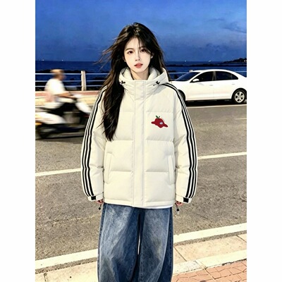 苹果印花三条杠连帽羽绒棉服女潮冬季宽松学生加厚保暖百搭面包服