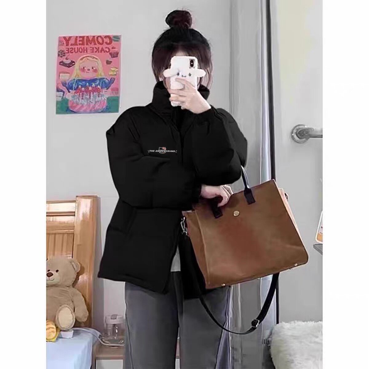 美式黑色羽绒棉服女冬季加厚保暖不臃肿立领初中生夹棉防寒面包服