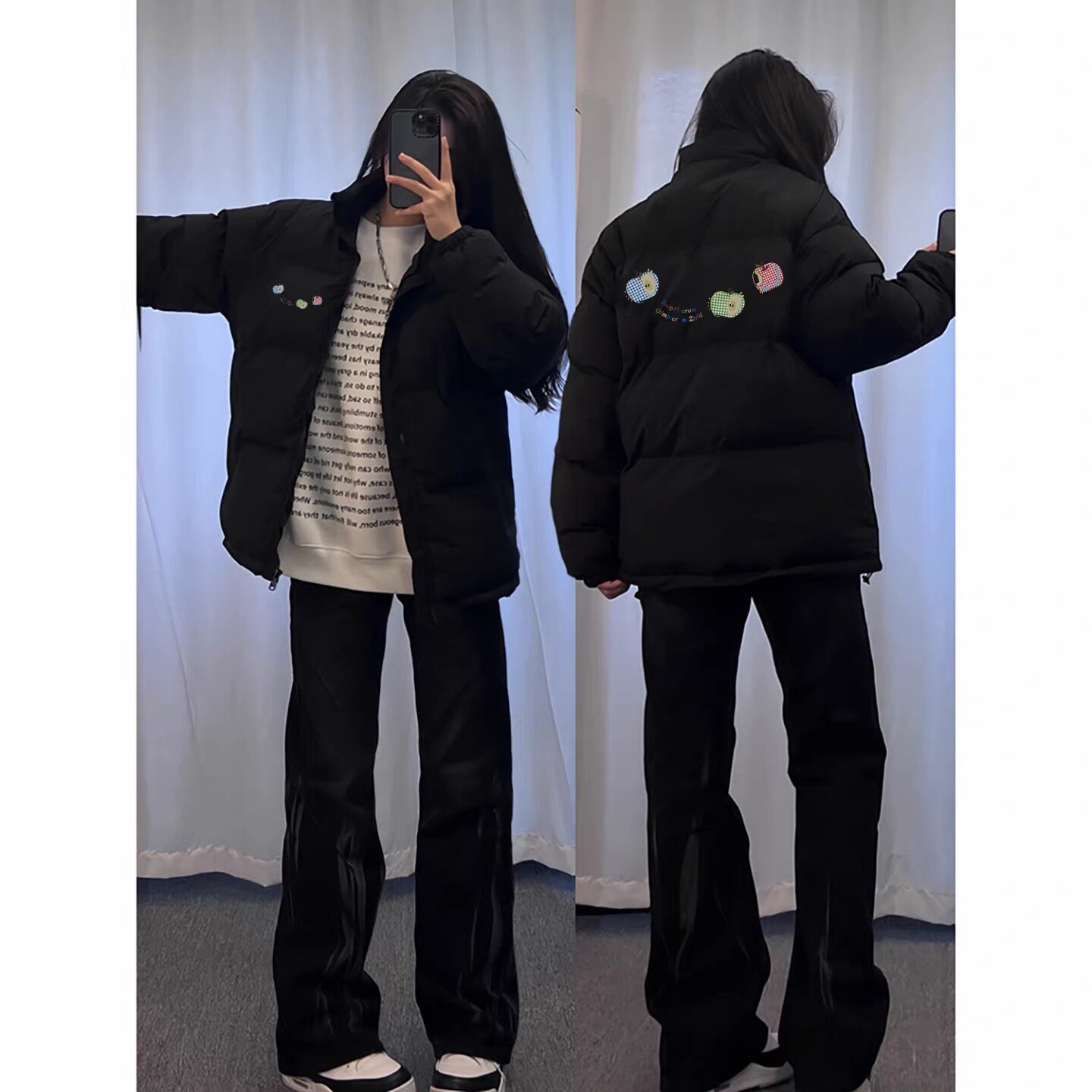 高街黑色羽绒棉服女冬季小众风宽松初中生保暖加厚夹棉立领面包服