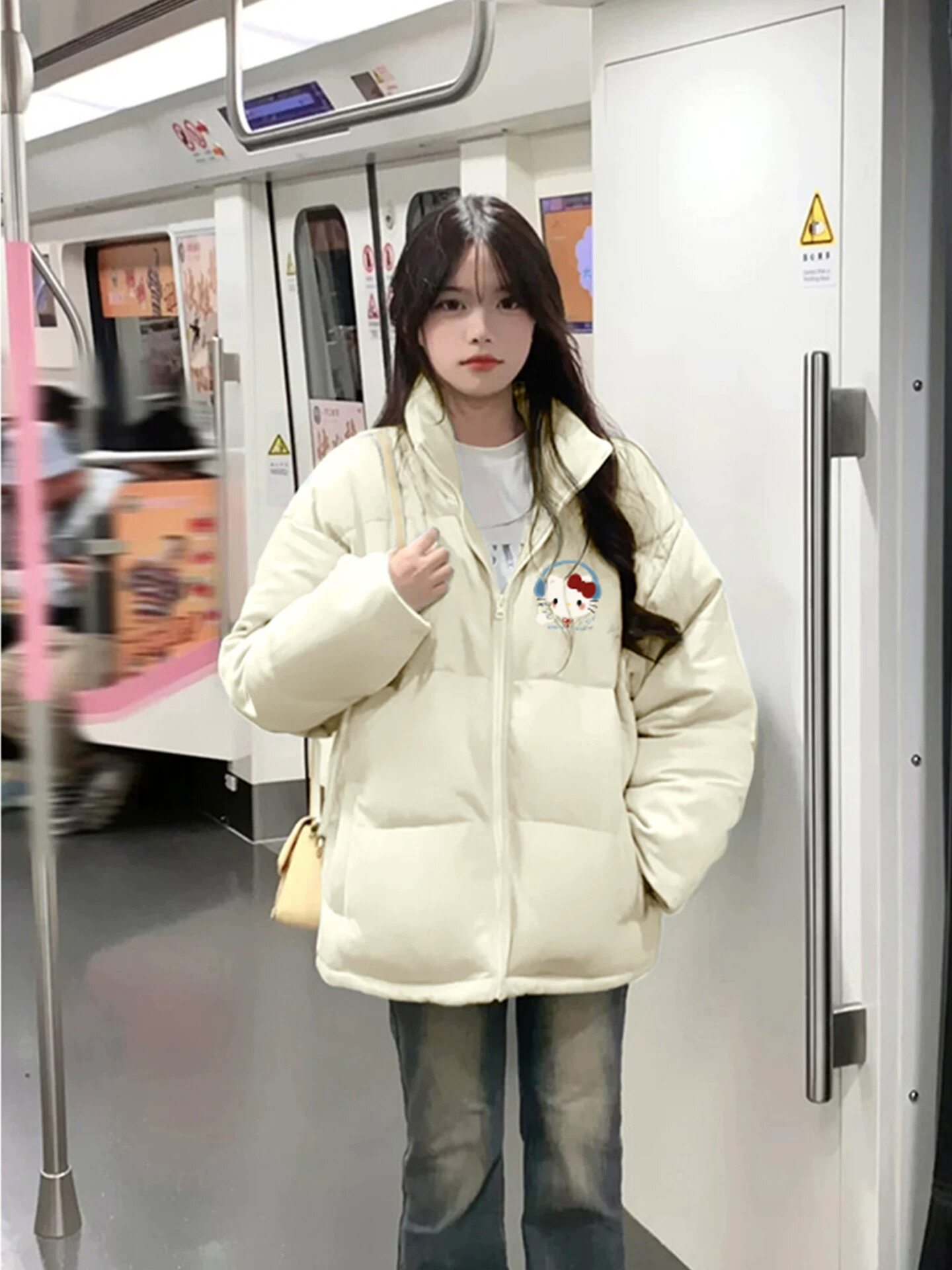 米白色KT猫印花立领羽绒棉衣棉服女款冬季2025新款宽松面包服外套