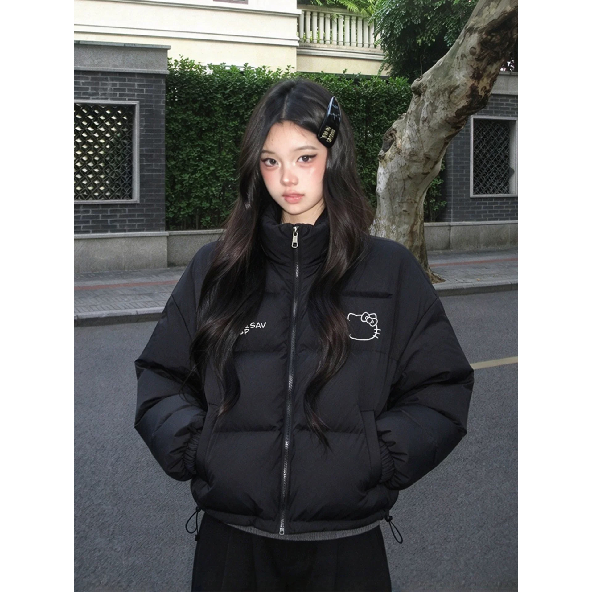 美式休闲韩版羽绒棉服女潮牌冬季新款宽松保暖黑色立领外套面包服