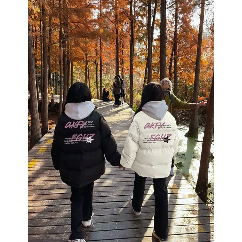 街头宽松学院风小个仔羽绒棉服女2026冬季情侣装加厚保暖立领外套