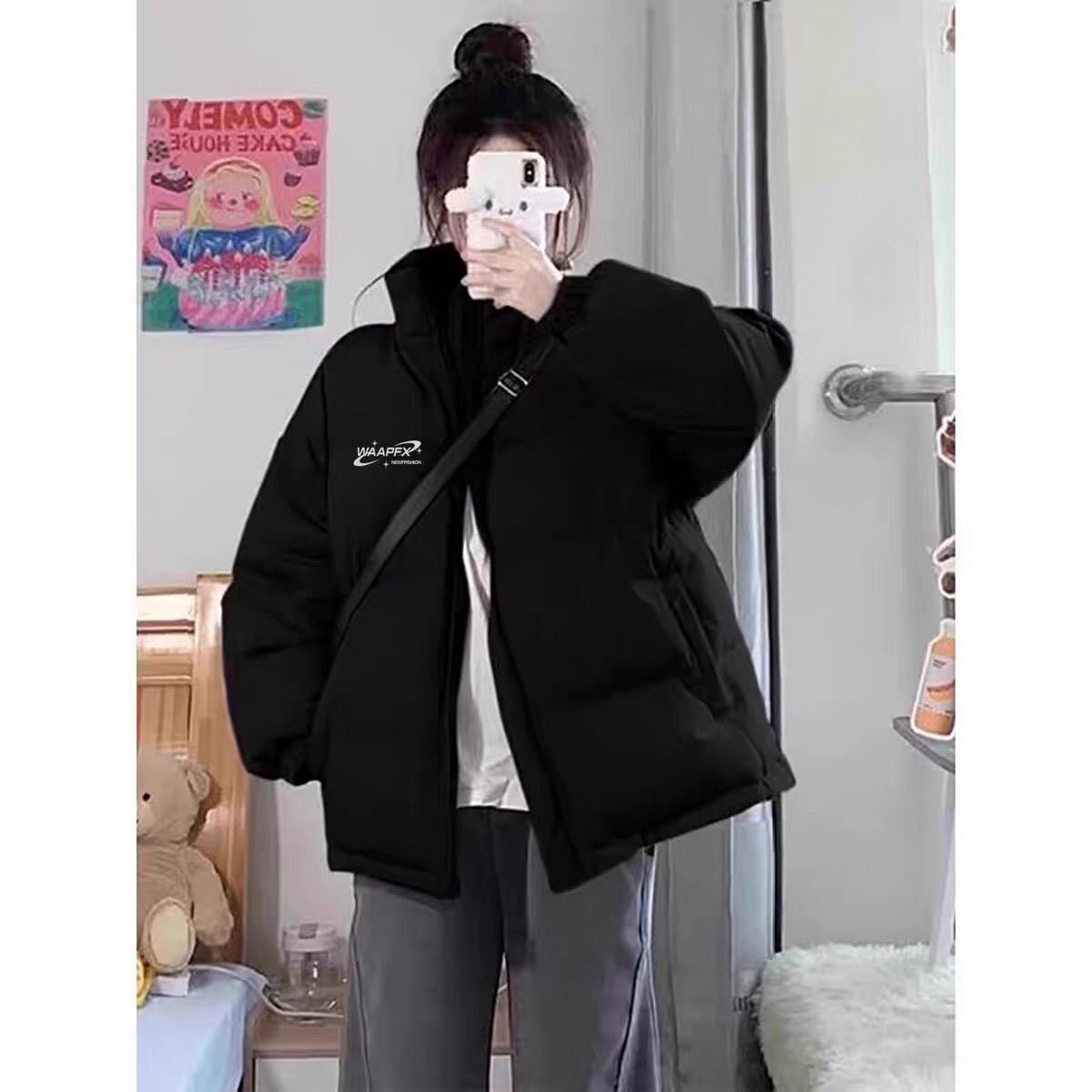 高街时尚羽绒棉服女冬季小个子高中生宽松加厚夹棉立领面包服外套