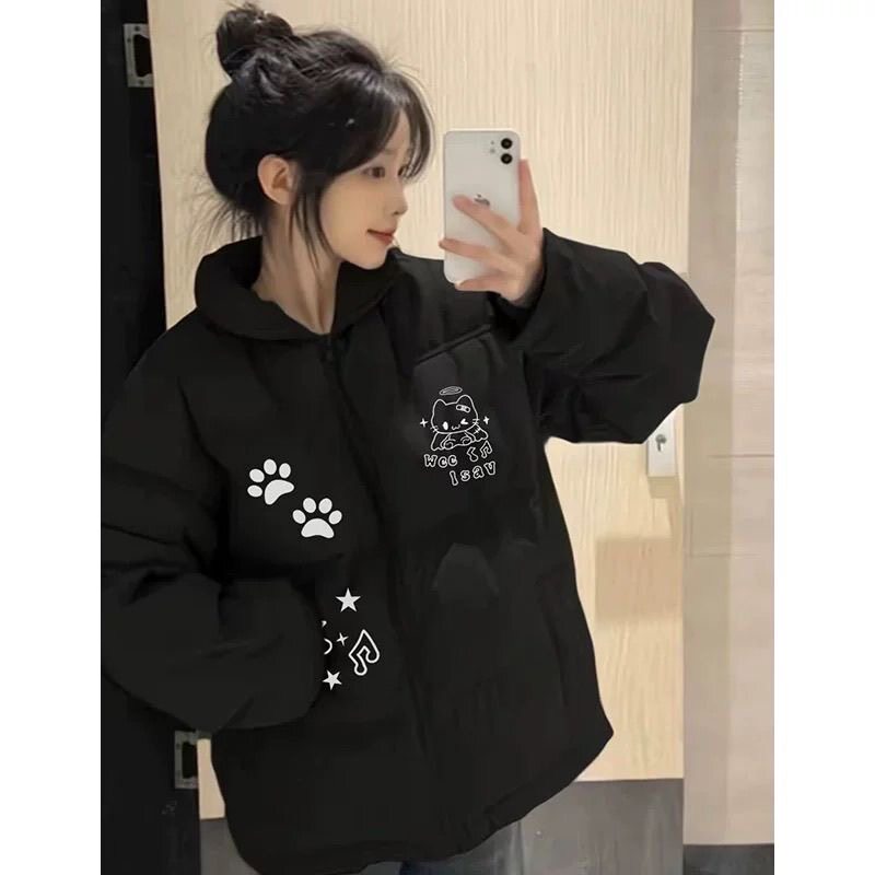 黑色小个子高中生羽绒棉服女冬季新款二次元减龄加厚保暖宽松外套