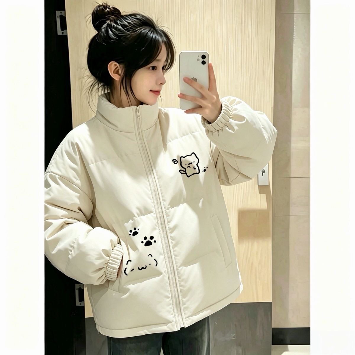 米白色立领棉服女冬季可爱猫咪印花宽松加厚学生保暖百搭棉衣外套