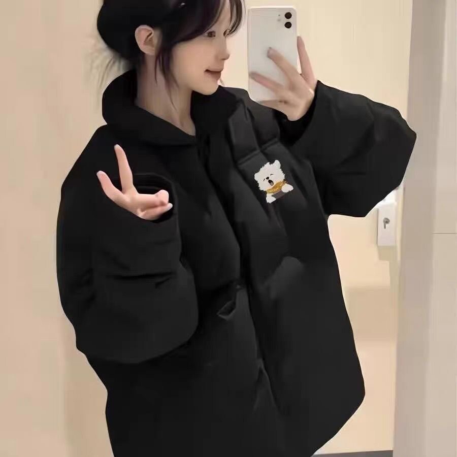 黑色百搭小个子羽绒棉服女大童冬季初中高中学生保暖面包服外套潮