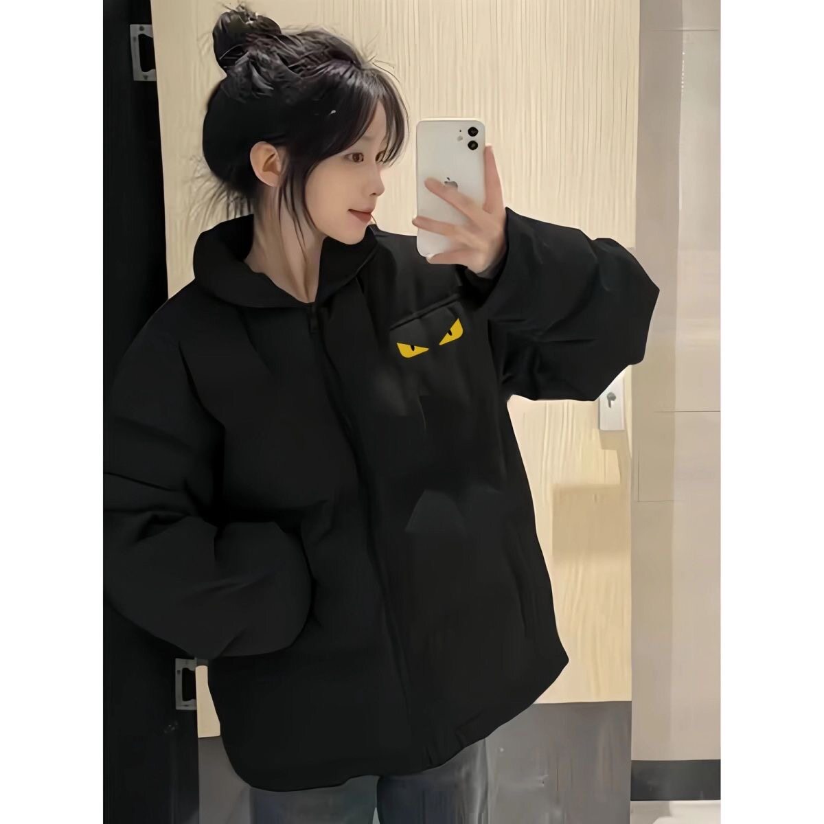 中性风穿搭黑色羽绒棉服女大童冬季初中高中学生宽松棉衣棉袄外套
