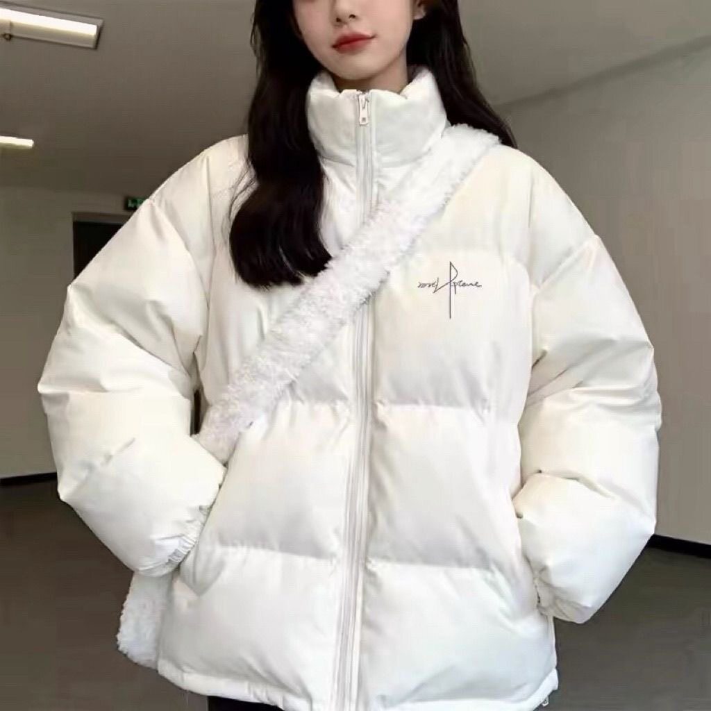 美式立领米白色羽绒棉服女款2026秋冬季新款时尚感加绒加厚外套潮