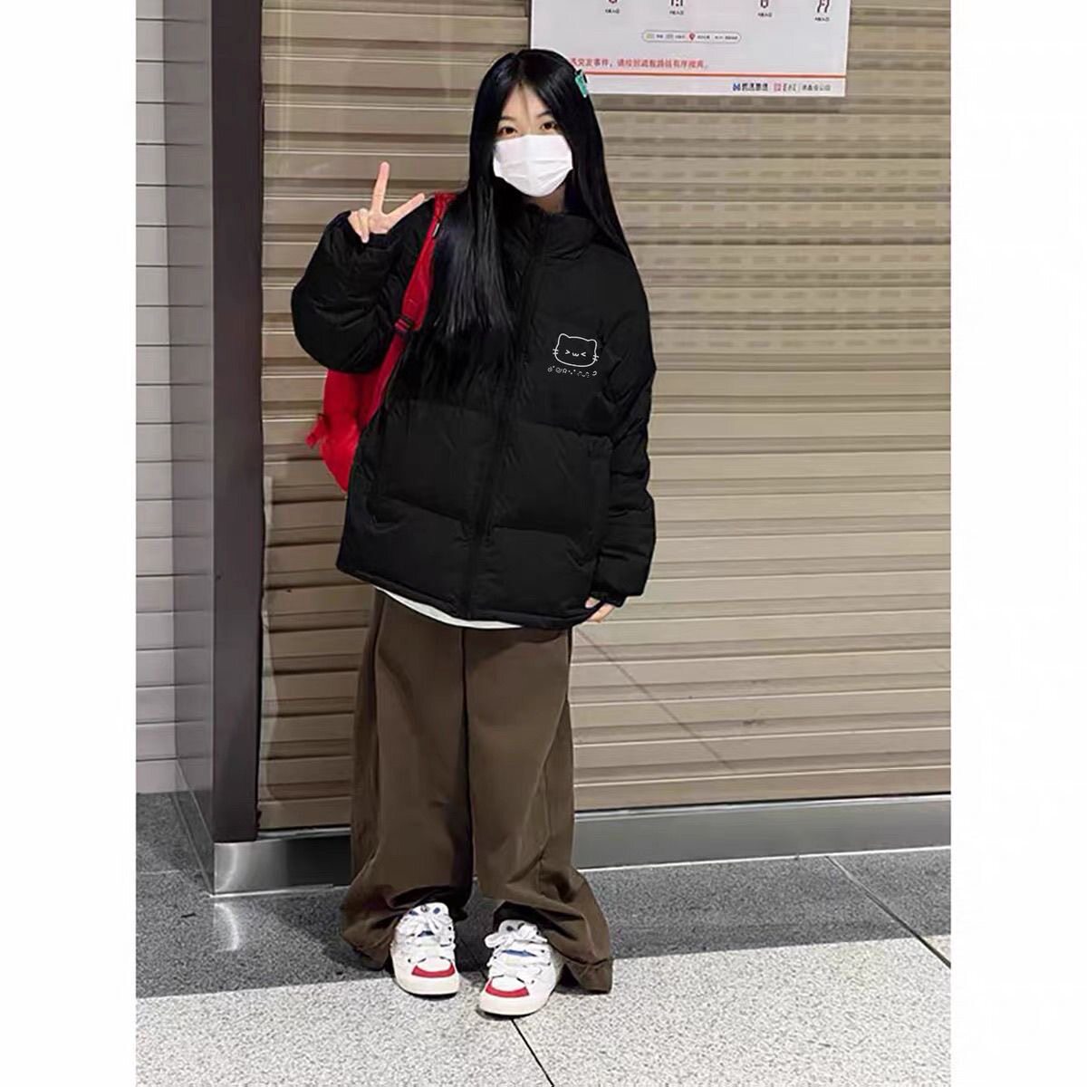 美式黑色羽绒棉服女款秋冬季高中生宽松保暖防寒立领夹棉棉衣外套