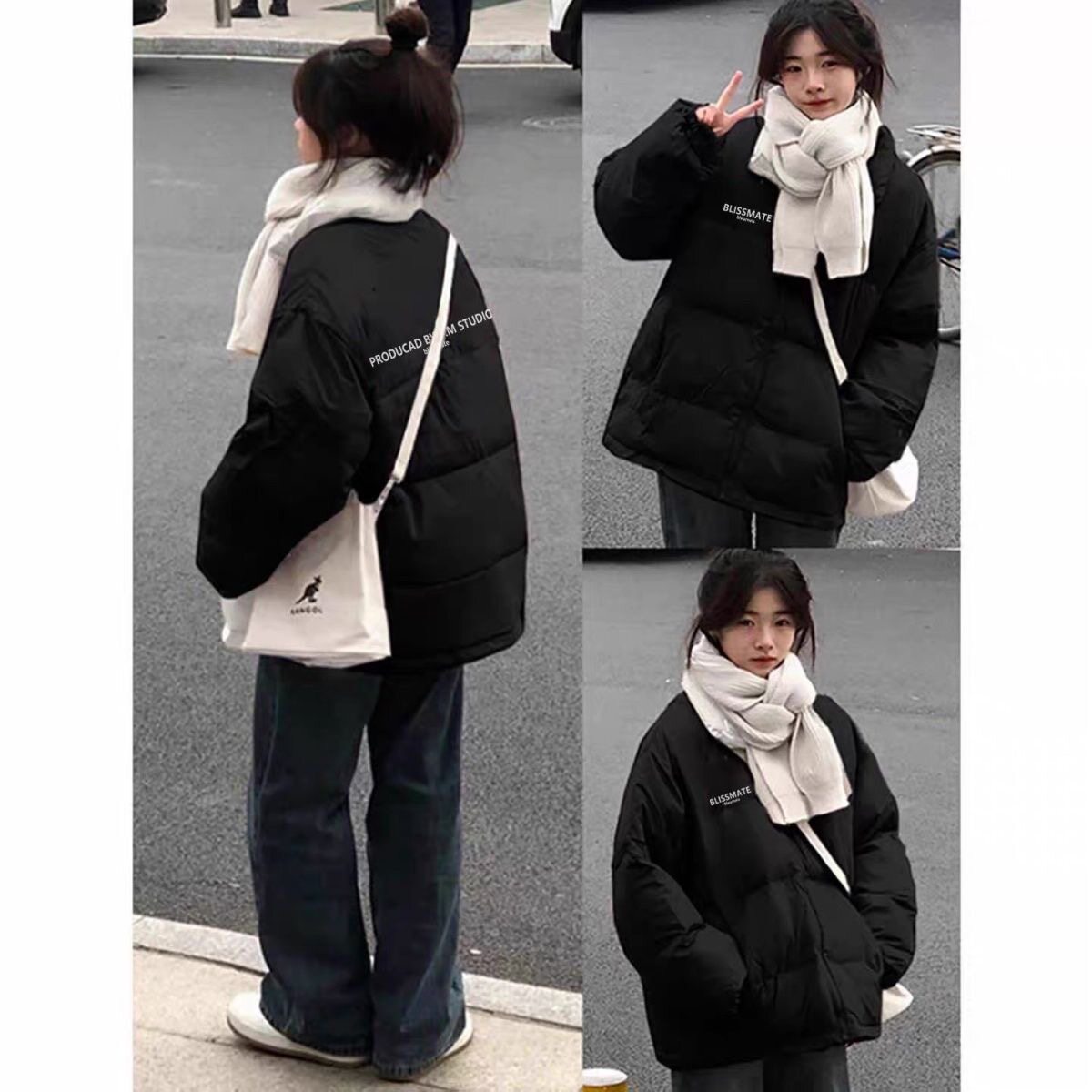 美式字母立领羽绒棉服女秋冬宽松小个子黑色初中高中学生棉衣外套