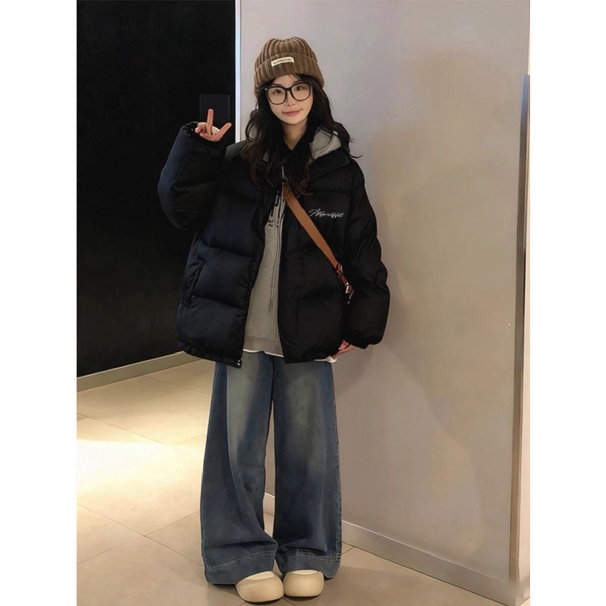 美式街头潮牌黑色羽绒棉服女秋冬季新款初中学生加厚保暖立领外套