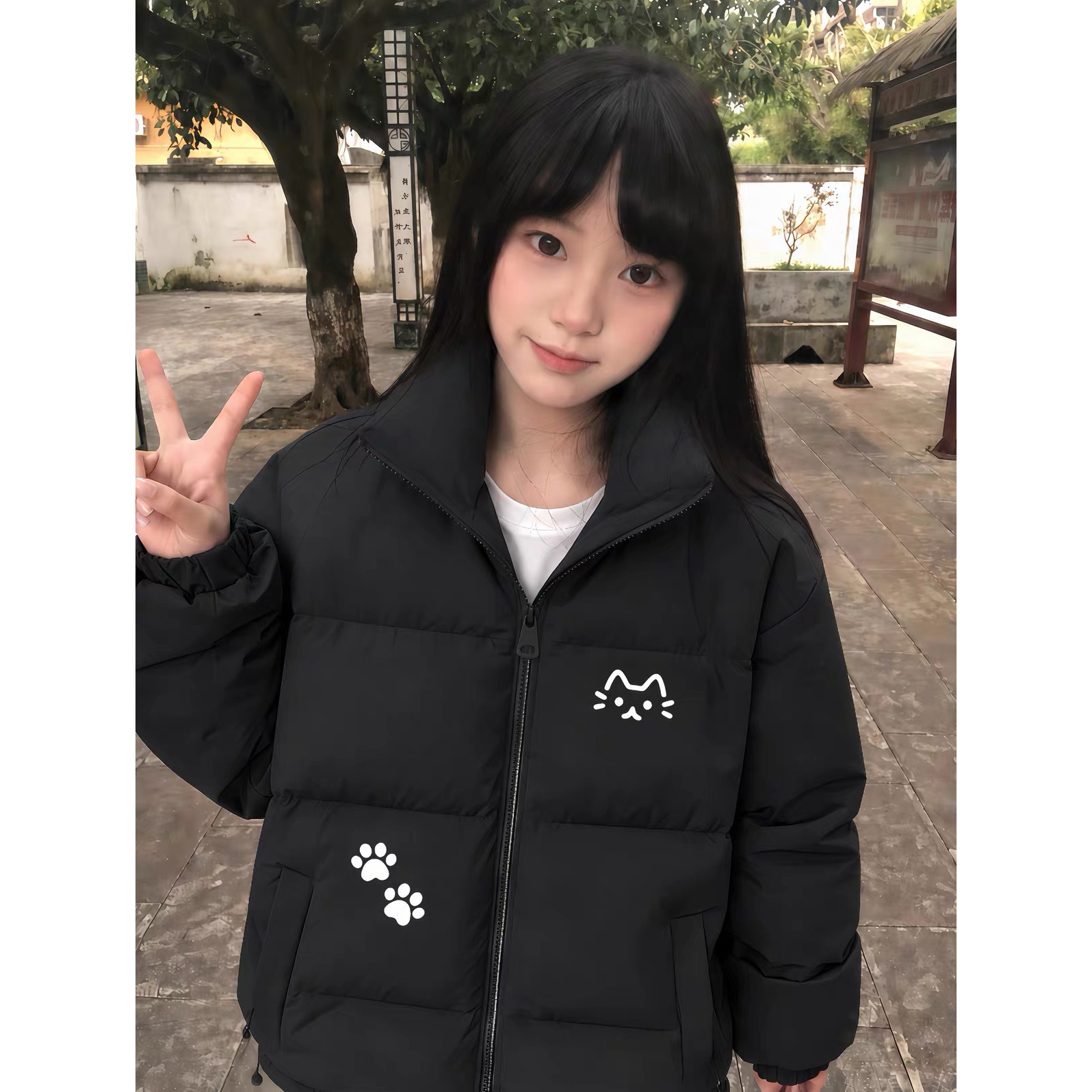 大童少女黑色羽绒棉服女冬季2026初中高中学生宽松加厚面包服外套