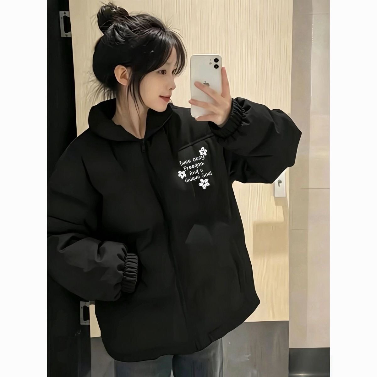 韩系学生复古风立领棉服女冬季花朵字母小个子宽松加厚面包服外套