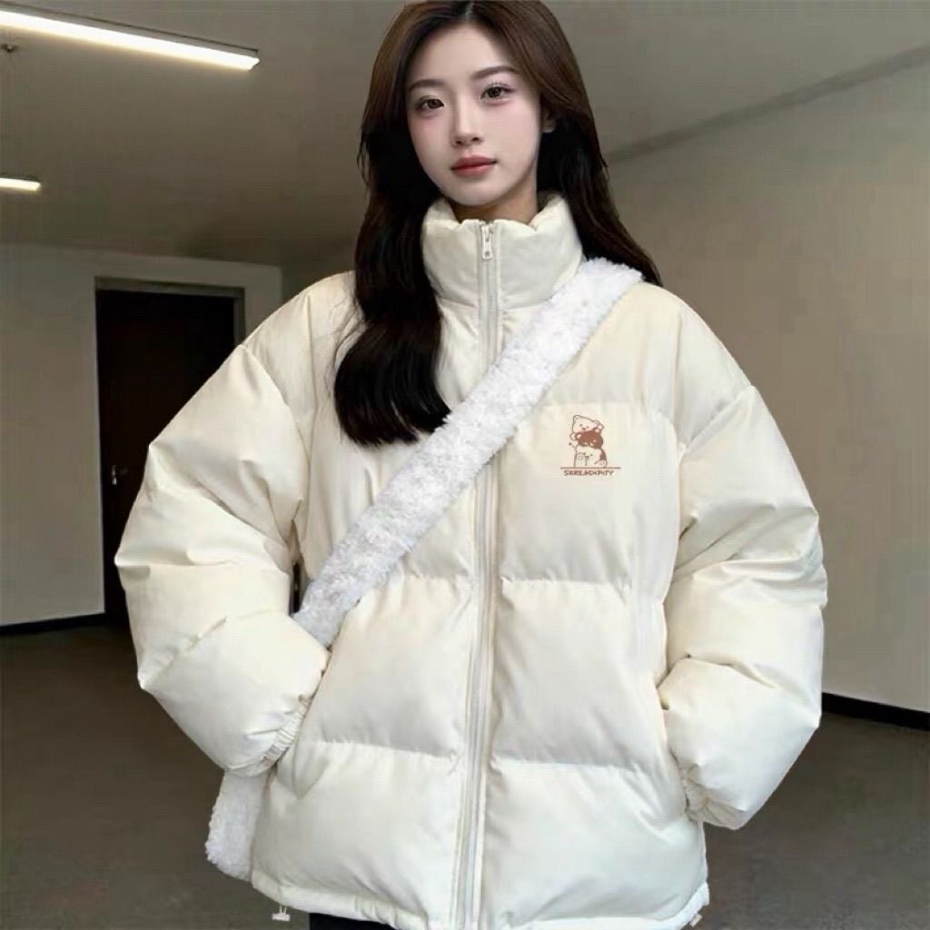 米白色夹棉外套女2026新款秋冬季韩系学生加绒加厚棉袄保暖棉服潮