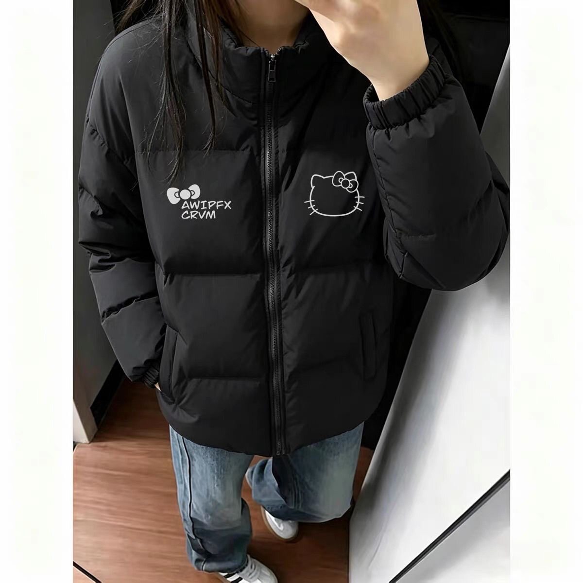 黑色羽绒棉服女冬季潮牌加厚保暖不臃肿初中生宽松防寒立领面包服