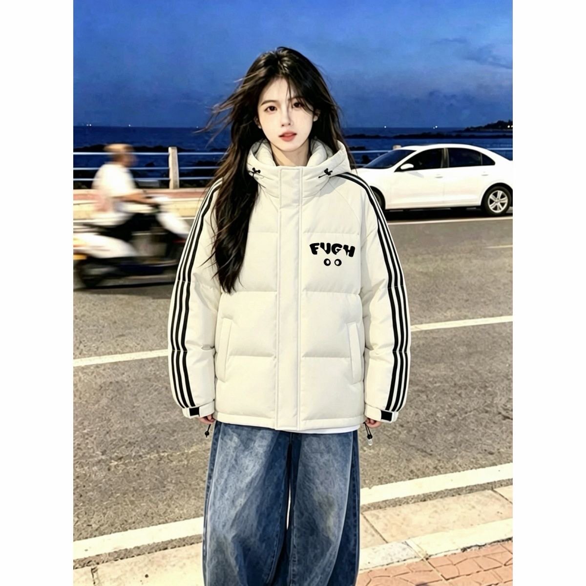 趣味字母印花连帽羽绒棉服女三条杠学生冬季宽松加厚保暖面包服潮