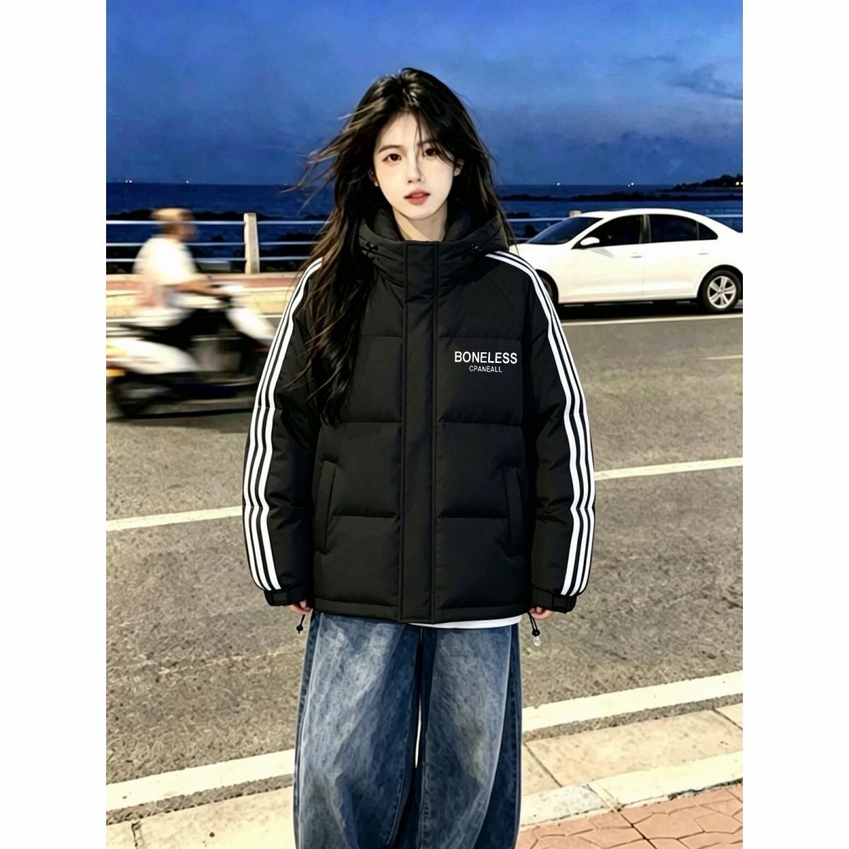 美式三条杠立领羽绒棉服女大童冬季初中高中学生宽松加厚棉袄外套