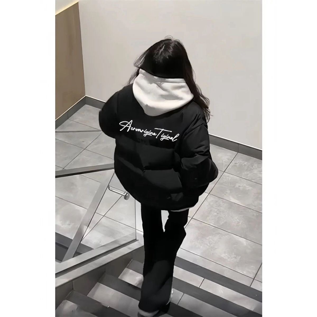 美式高街字母黑色立领羽绒棉服女大童初中高中学生宽松保暖外套女