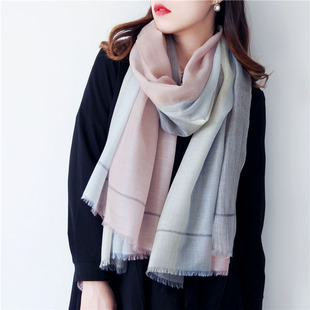 轻薄款  灰粉蓝竖条格纹羊绒围巾女秋冬季长款百搭