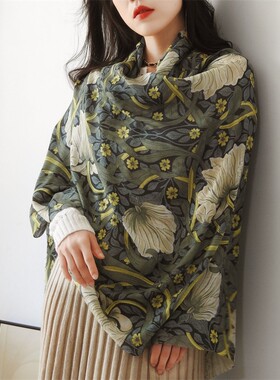 丰紫隅秋冬印花田园女羊绒围巾
