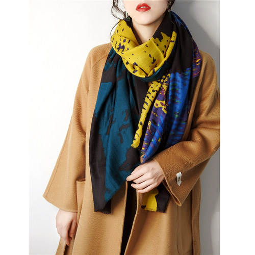 撞色旅游拍照纯羊毛冬季披肩