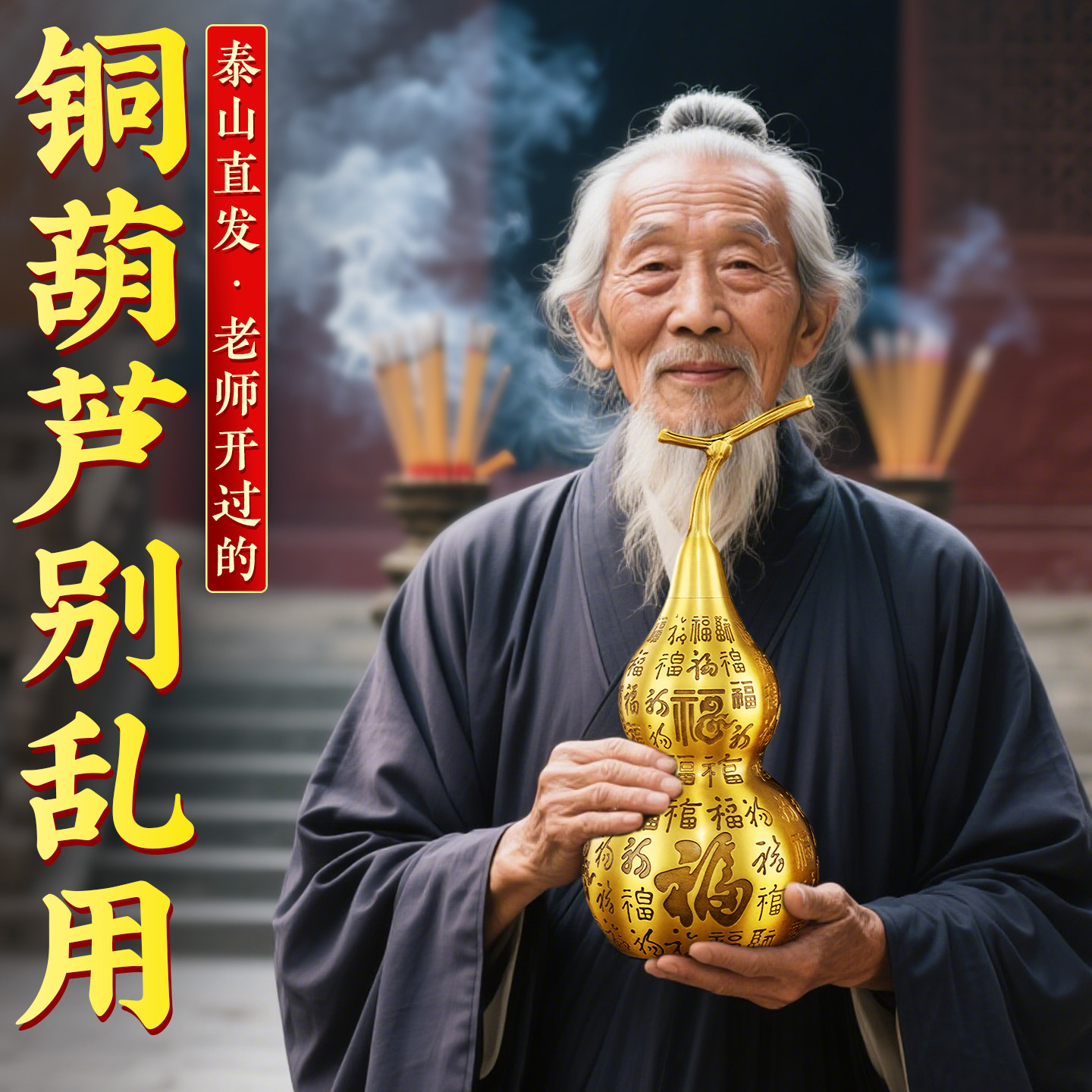 师傅祝福百福铜葫芦黄铜葫芦铜摆件开口空心五帝钱挂件大号桌面摆