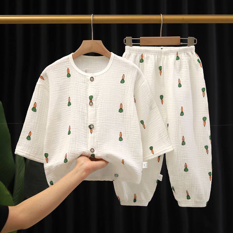 儿童家居服纯棉套装双层纱布棉纱薄款睡衣宝宝女童男童夏季空调服