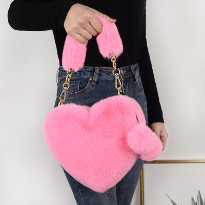 Faux Fur Winter Women Handbags Cute Plush Ladies Heart Shape