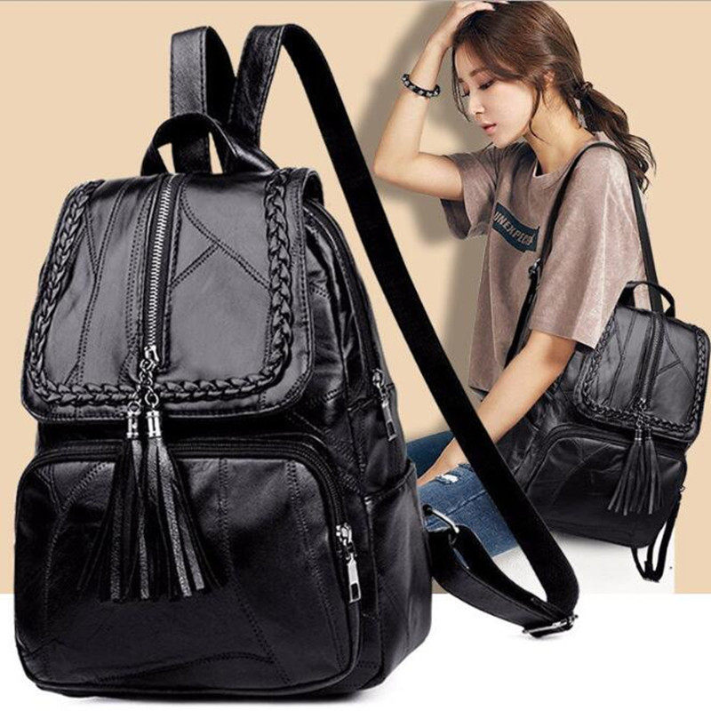 2020 Women's PU leather backpack School bag classic black w