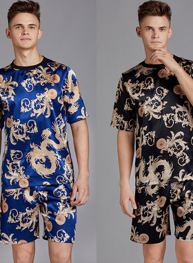 Summer Men Pyjama Set Print Satin Men Pajama Suit Short Sle