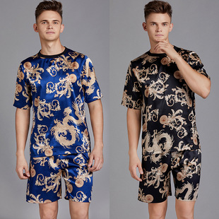 Summer Men Pyjama Set Print Satin Men Pajama Suit Short Sle