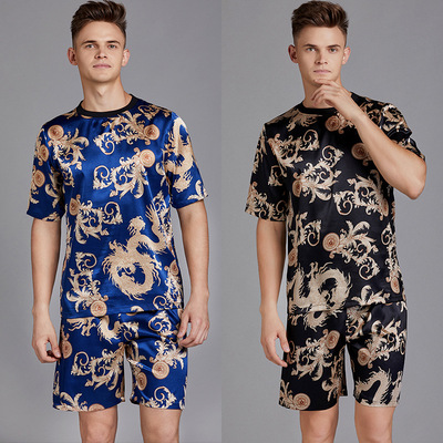Summer Men Pyjama Set Print Satin Men Pajama Suit Short Sle