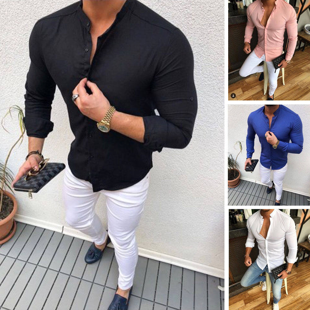 2019 Hot Men's Slim V Neck Long Sleeve Muscle Solid Shirt C