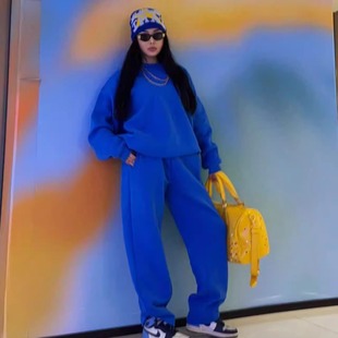 套装 男女宽松欧美纯色街头休闲美式 卫裤 蓝色抓绒圆领卫衣直筒裤