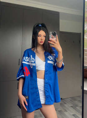欧美式LA道奇队短袖棒球服开衫t恤加大宽松嘻哈街舞hiphop男女夏