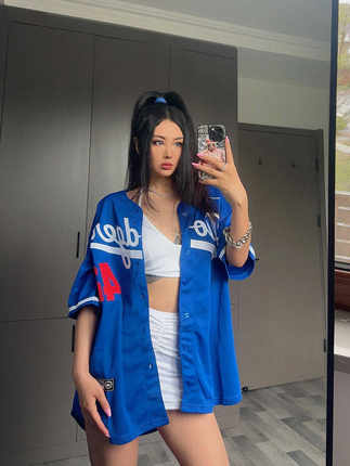 欧美式LA道奇队短袖棒球服开衫t恤加大宽松嘻哈街舞hiphop男女夏