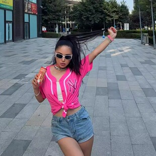 2025新款实拍荧光粉红色洋基队NY欧美式街头宽松棒球服短袖外套